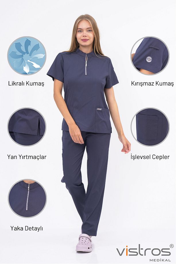 Lüks Dik Yaka Yüksek Kaliteli Likralı Scrubs Hemşire Doktor Üniforma (Alt-Üst) V-010 - 1