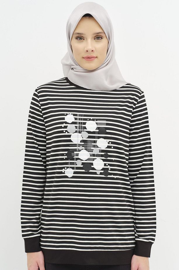 İşlemeli Çizgili Örme Bluz - Siyah - 4