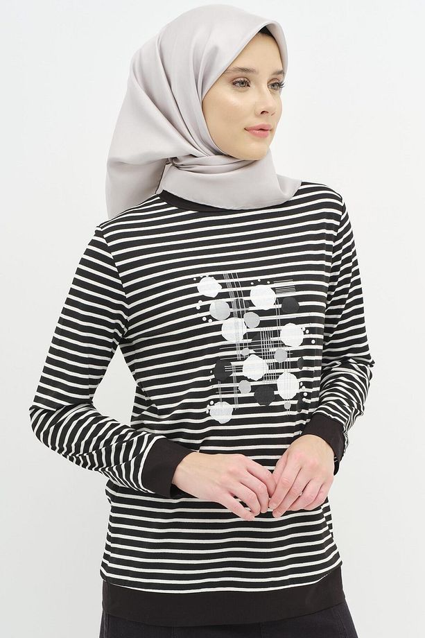 İşlemeli Çizgili Örme Bluz - Siyah - 3