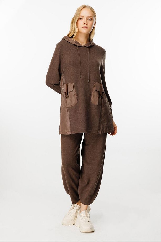 Cep Detaylı Triko Tunik Pantolon Takımı Kahve - 5
