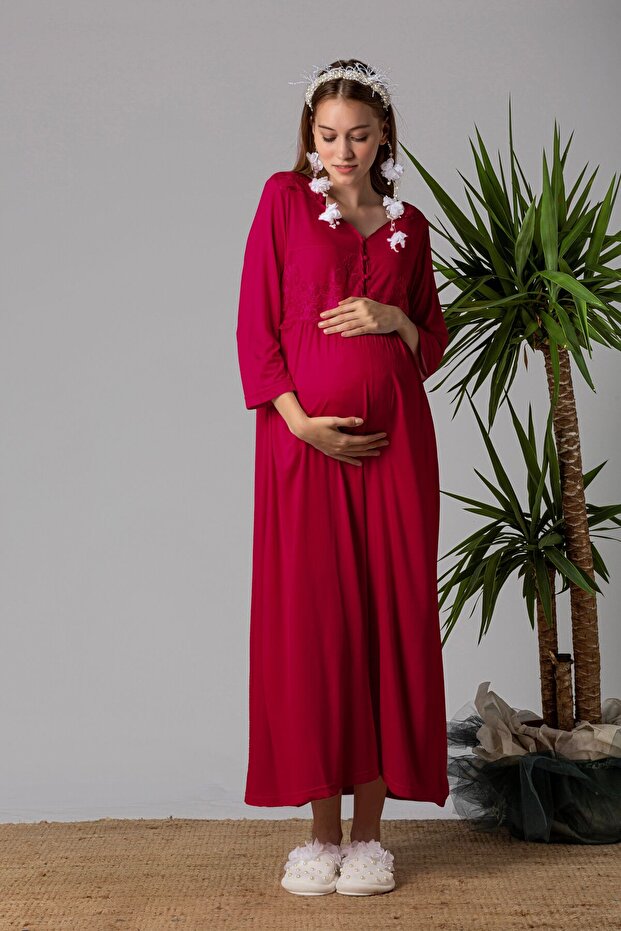 Comfortable Cut Maternity Nightgown with Cotton Breastfeeding Feature Effortt - Cherry