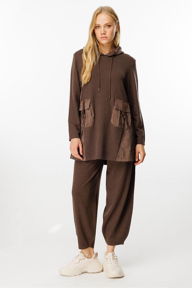 Cep Detaylı Triko Tunik Pantolon Takımı Kahve - 3