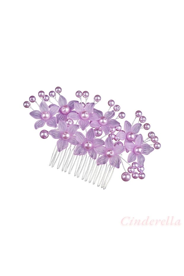Pearled Floral Model Pearl Comb Buckle Purple - Bridal Crown Wedding Engagement Henna Promise Hair Bun Accessory