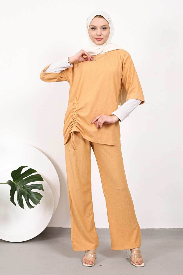 Camel Front Gathered Necklace Wrap Suit