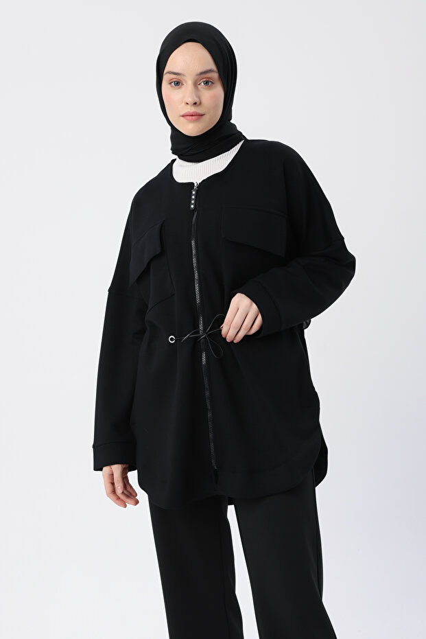 سترة جيب الرباط الخصر الأسود - 5