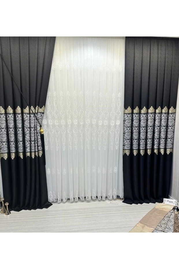 Nivemeshome Fj631749 V-924 Arora Black 1/3 Close Pleated Background Curtain Apm