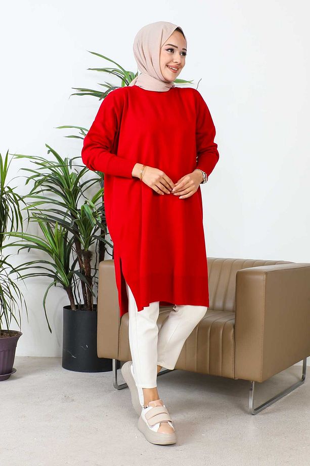 Bordo Bisiklet Yaka Merserize Salaş Triko Tunik - 4
