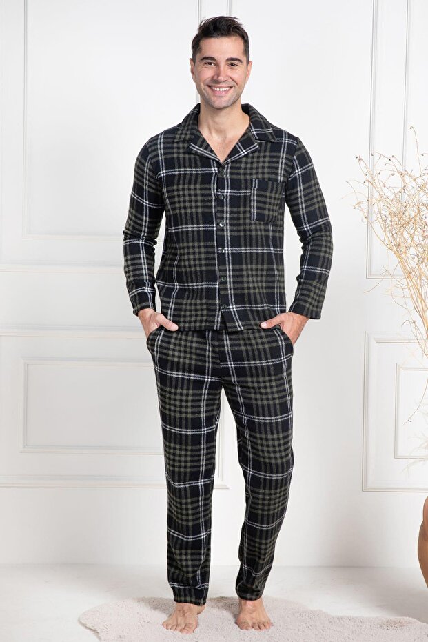 Men's Long Sleeve Checkered Winter Pajamas Set with Shirt Collar