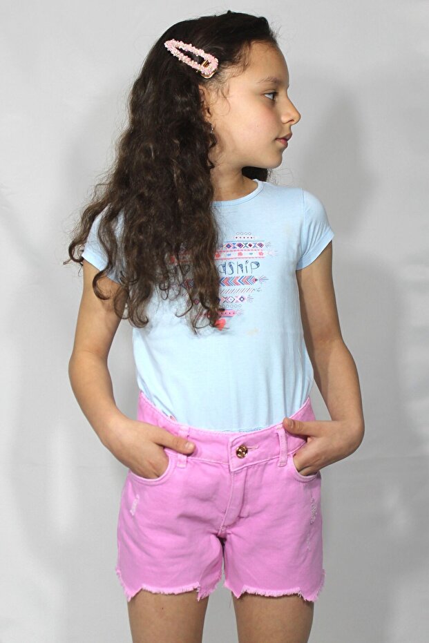 Kız Çocuk Pembe Denim Şort - 3