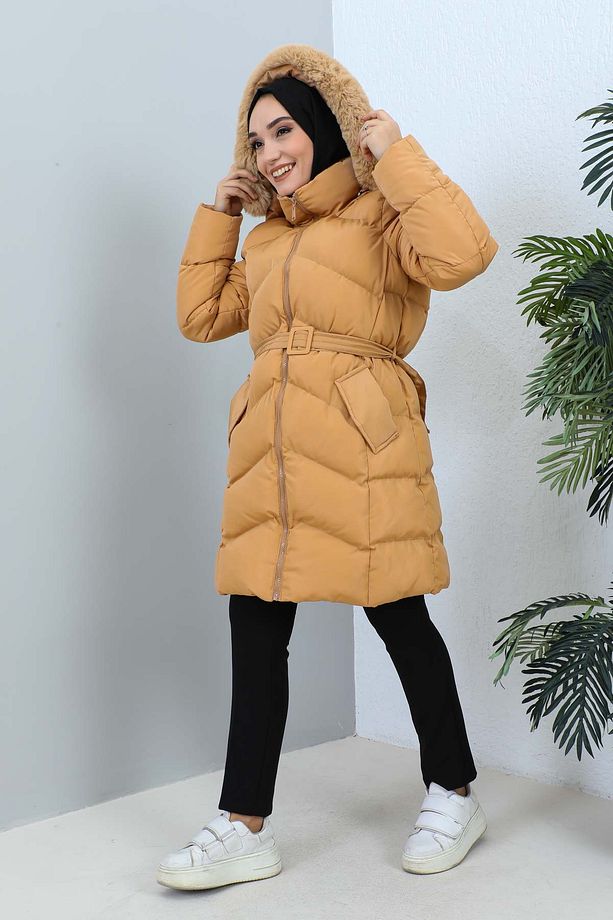 Camel Kapüşonlu Şişme Mont - 5