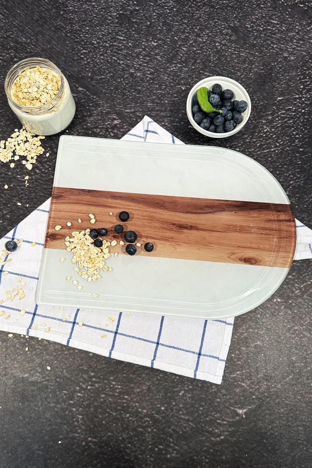 Grooved Glass Cutting Board |   Strip Wood Look - Oval Edge |   25cm X 35cm |   Patented Product