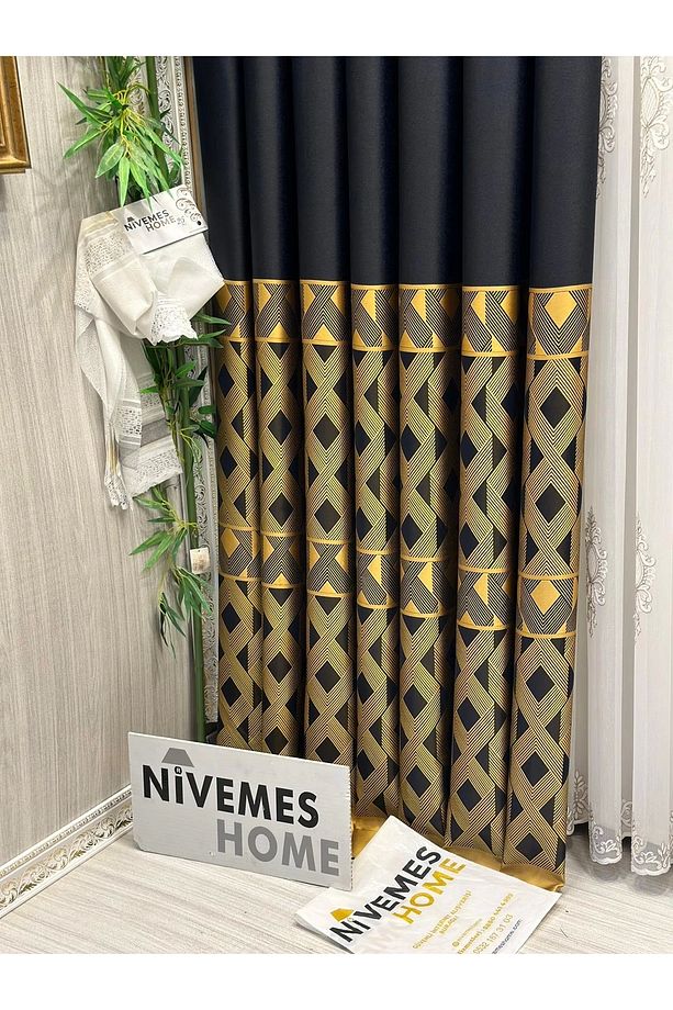 Nivemeshome Lara Ft671538 V-503 1/3 Sık Pileli Siyah Gold Fon Perde Apm - 7