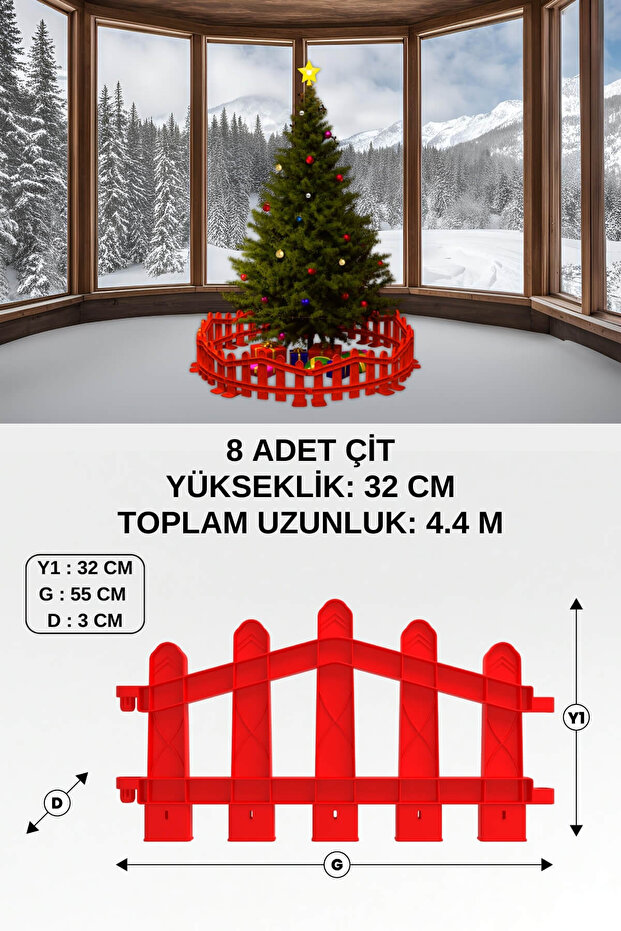 Plastic Christmas Tree Fence (H: 32 cm W: 55 cm) 8 Pieces with Hard Ground Stands - Red