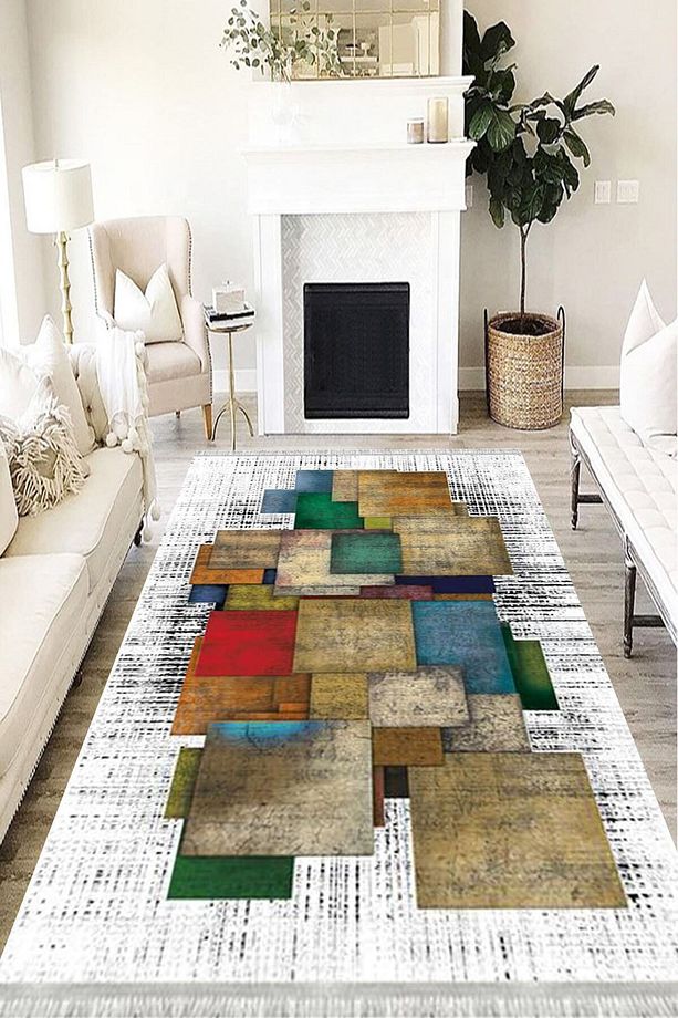 Patchwork Kaymaz Deri Tabanlı Yıkanabilir Antibakteriyel Dijital Baskı Patchwork Halı Yolluk - 1