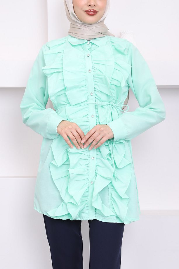 Mint Ön Fırfırlı Bağlamalı Poplin Tunik - 4