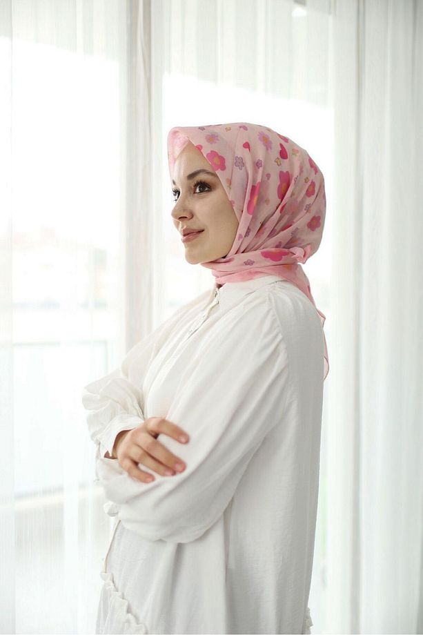 BASİC PEMBE ÇİÇEK DESEN EŞARP - 1