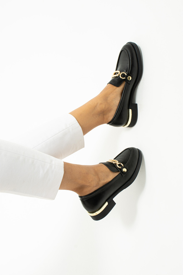 Women's Black Matte Leather Loafer Shoes, Comfortable and Stylish Casual, Gold Buckle Heeled Women's Shoes