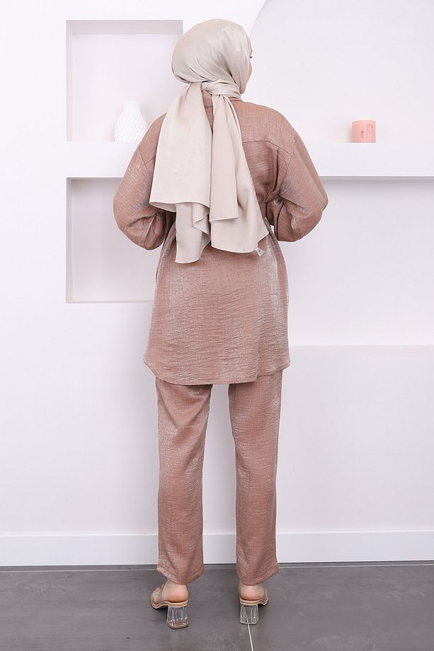 Camel Düğmeli Tunik Pantolon Saten Takım - 5