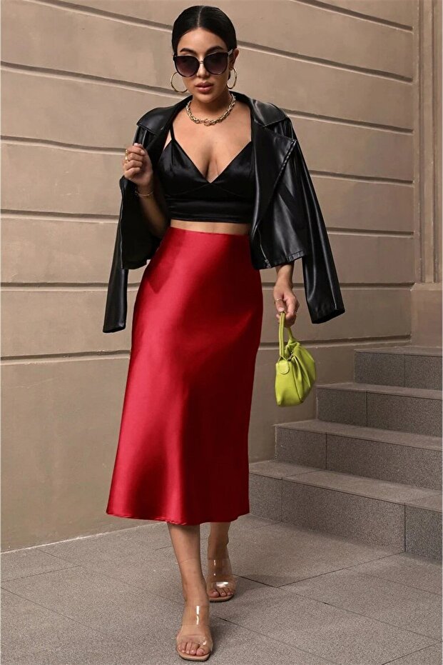 Fustă Lungă Roșu Claret Basic Satin Mg1409 - 1