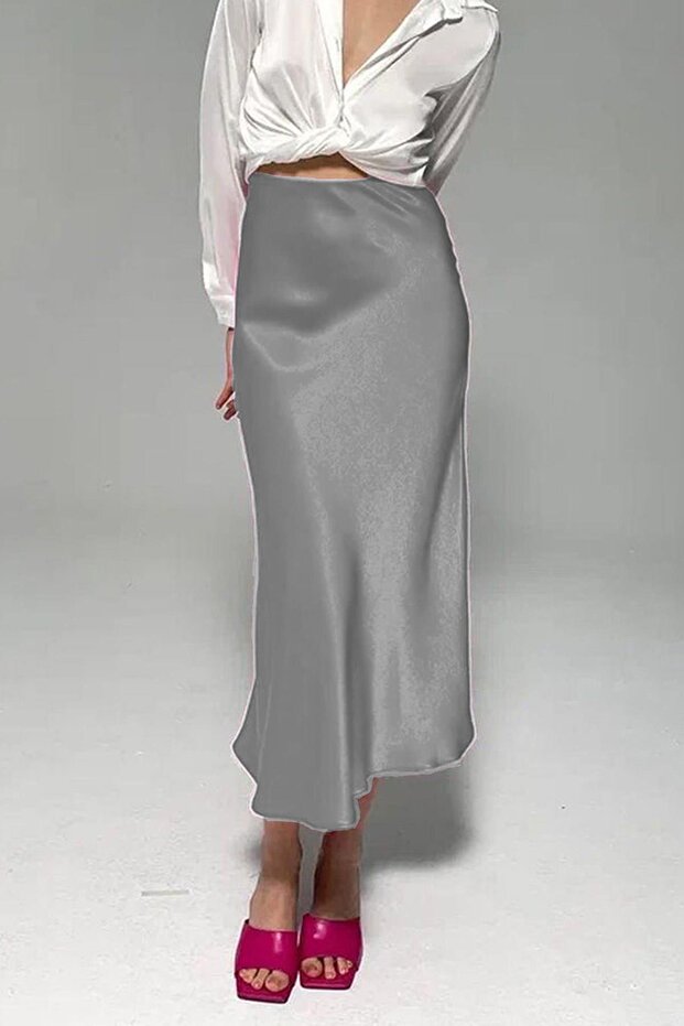 تنورة طويلة من الساتان باللون الرمادي Mg1409 - 2