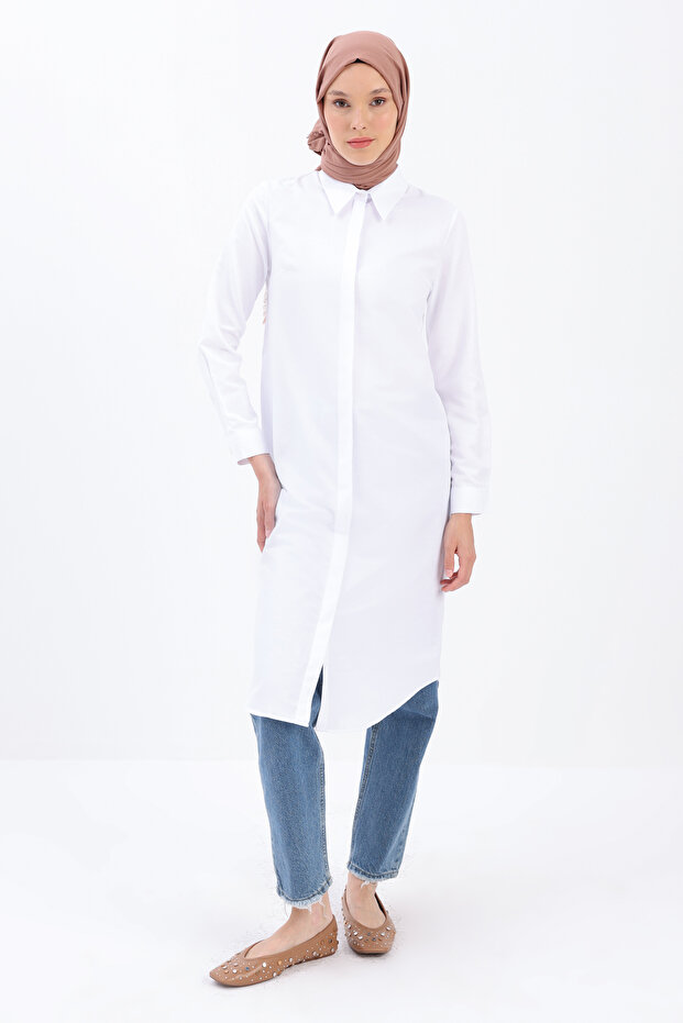 Beyaz Basic Gizli Patlı Uzun Gömlek - 5