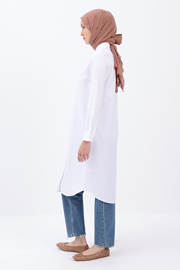 Beyaz Basic Gizli Patlı Uzun Gömlek - 3