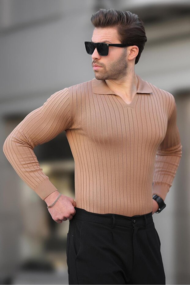 Camel Polo Neck Striped Long Sleeve Men's Sweater 7289
