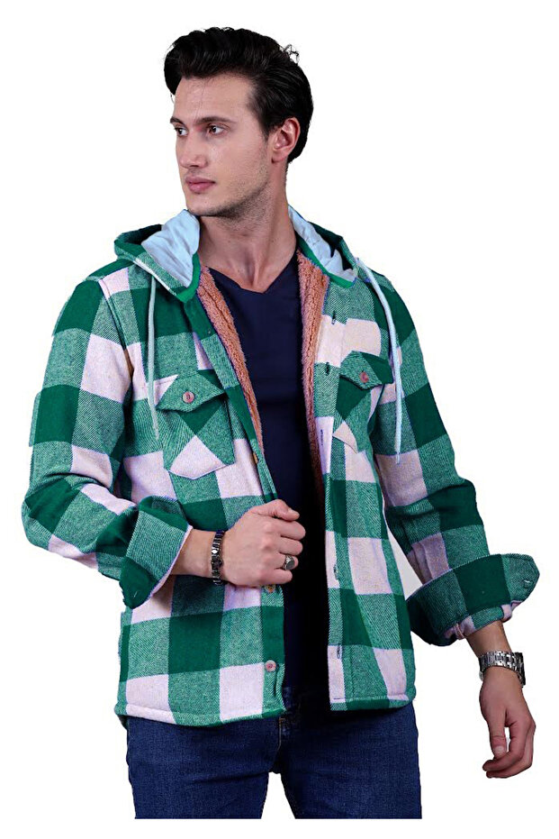 Khaki Gray Plaid Checkered Hooded Winter Lumberjack Jacket Shirt with Wool Fur Inside