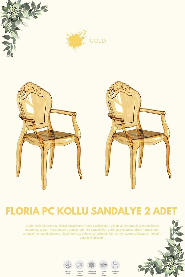 FLORİA  KOLLU POLİKARBON DÜĞÜN SANDALYESİ 2 ADET - 1