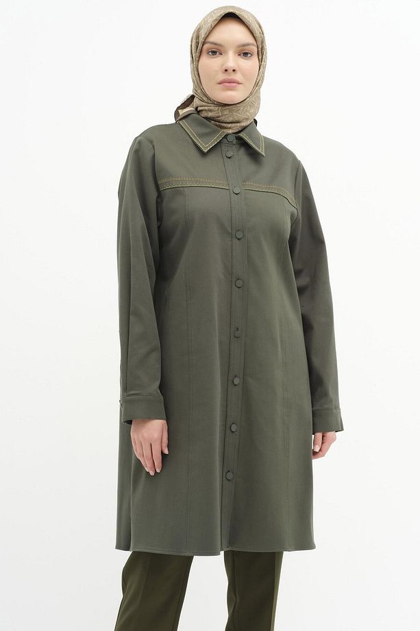Yaka Ve Robası Nakış Detaylı Canvas Tunik - Haki - 3