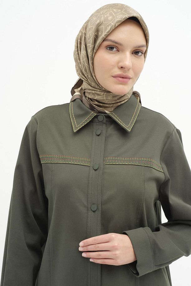 Yaka Ve Robası Nakış Detaylı Canvas Tunik - Haki - 5