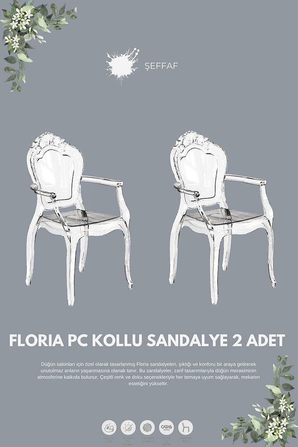 FLORİA  KOLLU POLİKARBON DÜĞÜN SANDALYESİ 2 ADET - 1