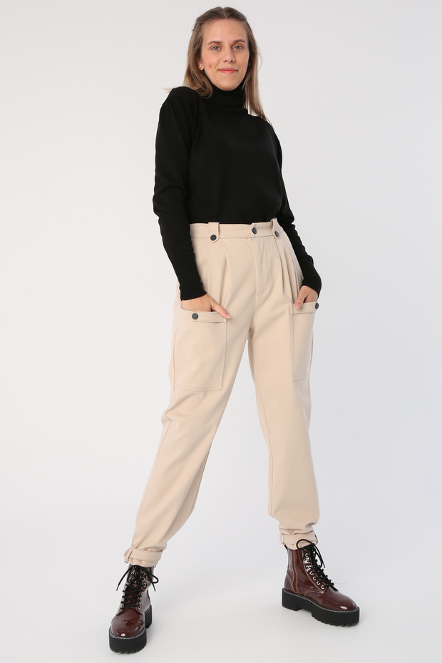 Light Beige Cotton Epaulette Detailed Snap Fasten Cargo Trousers