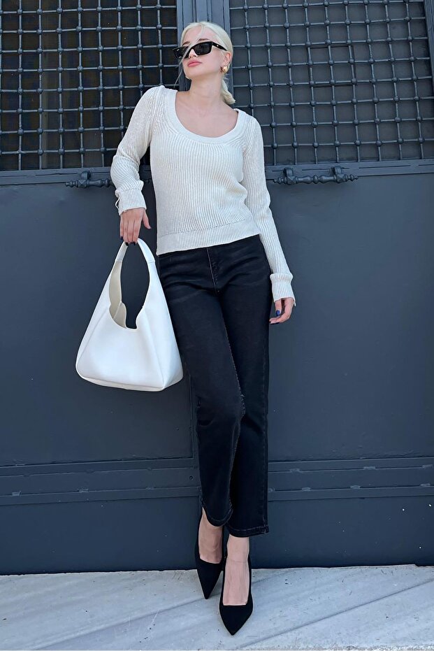 Bej Bisiklet Yaka Basic Örme Kazak MG2189 - 5