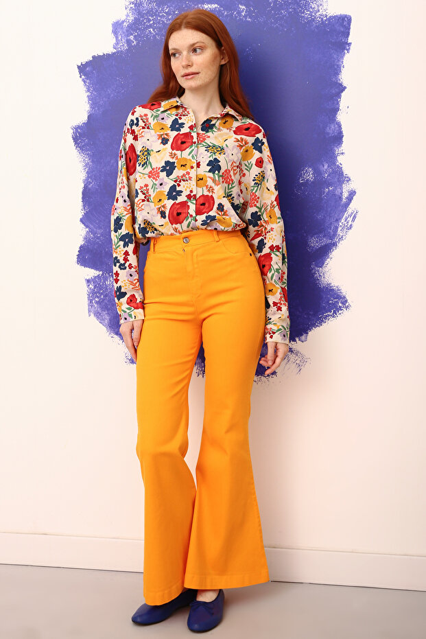 Sarı Pamuklu Ispanyol Paça Pantolon - 1