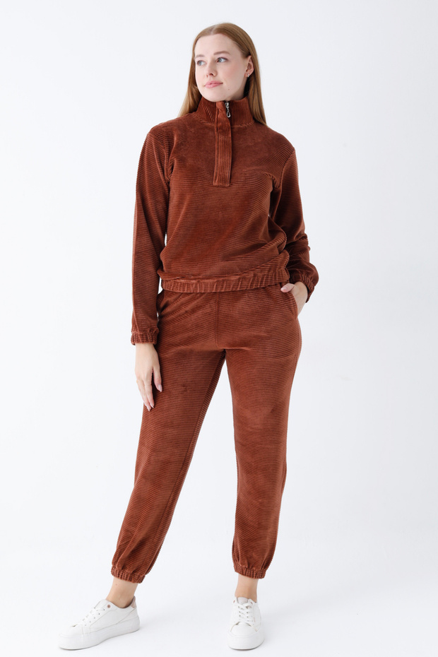 Brown Long Sleeve Pocket with Collar Zipper Cotton Velvet Lycra Bottom Top Tracksuit Set