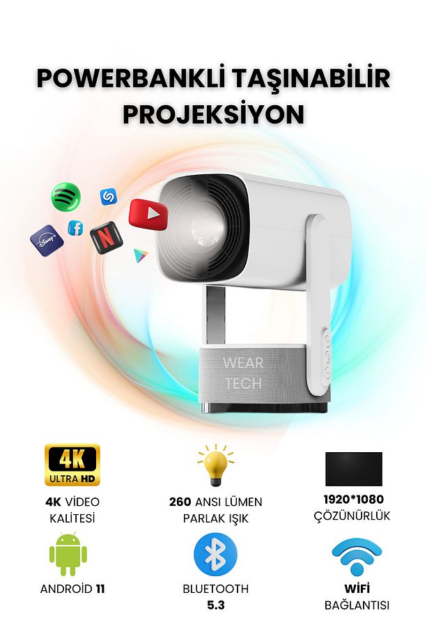 K2 Bataryalı Taşınabilir Projeksiyon Cihazı Ultra Hd Android Ev Projektörü Wifi,bluetooth,hdmı - 1