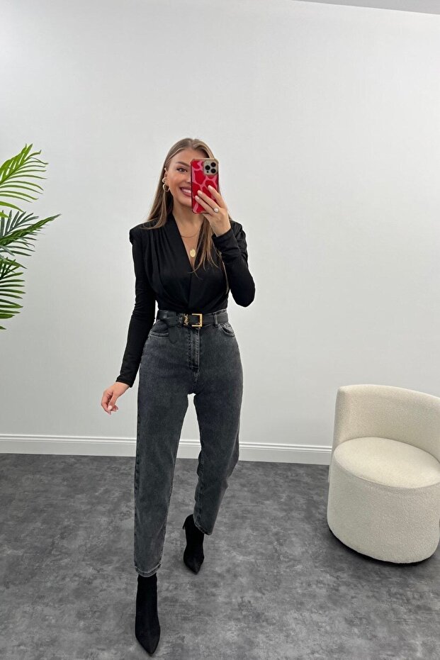 Destina Smoke High-Waist Stretch Fabric Mom Jeans Pants