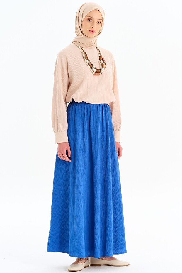 Sıfır Yaka Bluz Büzgülü Etek Takım - Bej- Saks - 3