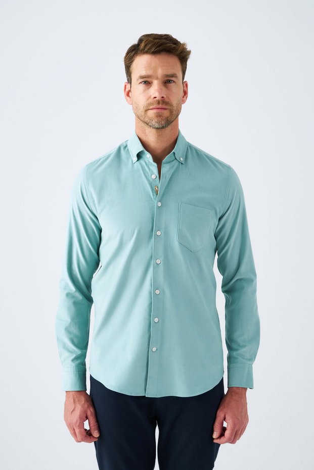 Velvet Embroidery Detailed Pocketed 100% Cotton Comfort Fit Water Green Men's Shirt