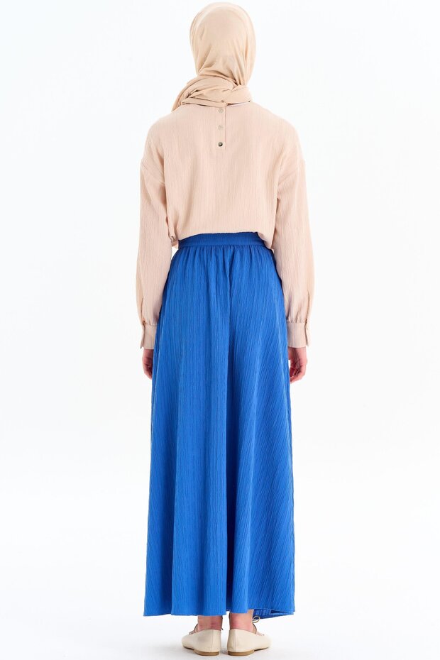 Sıfır Yaka Bluz Büzgülü Etek Takım - Bej- Saks - 5