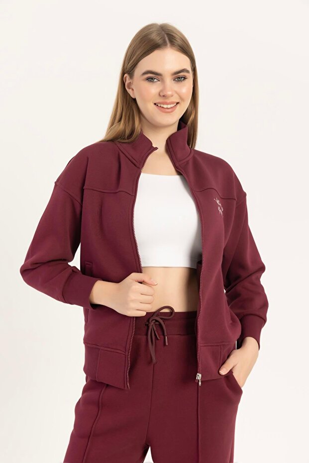 Women's Zippered Stand Collar Sweatshirt Burgundy