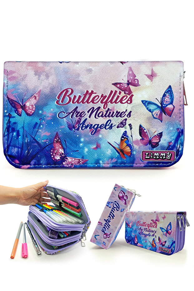 Pencil Case Butterfly Kawai Organizer Pencil Case Vegan Leather Three Compartment Pen Holder -Purple