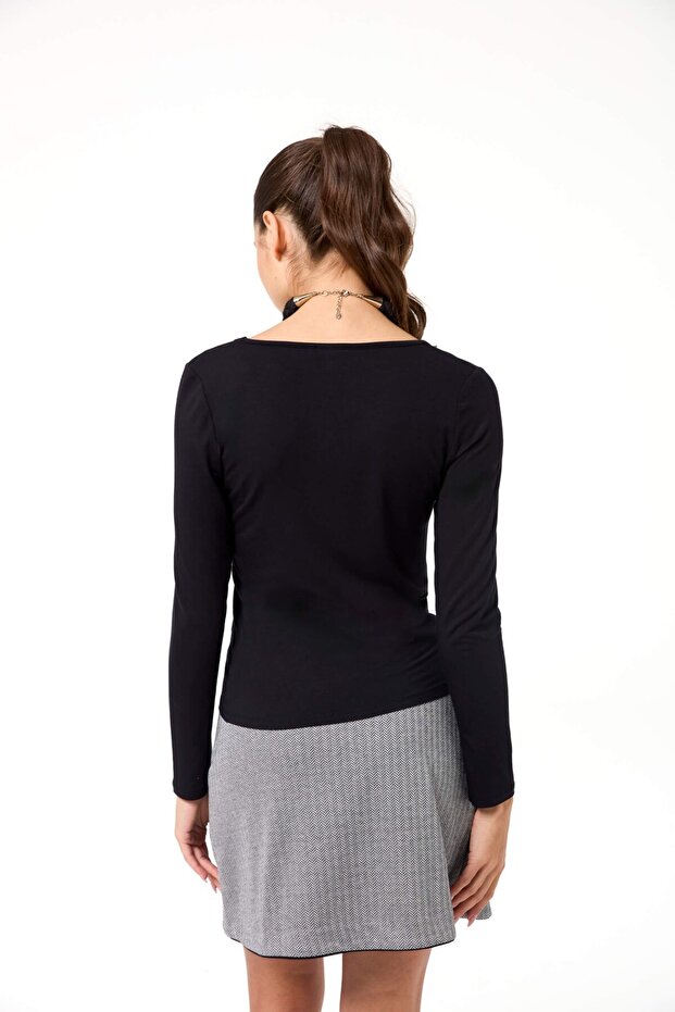 Geniş Yaka Uzun Kollu Basic Tshirt - 2