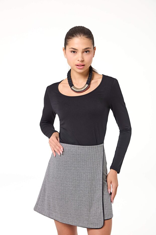 Geniş Yaka Uzun Kollu Basic Tshirt - 3