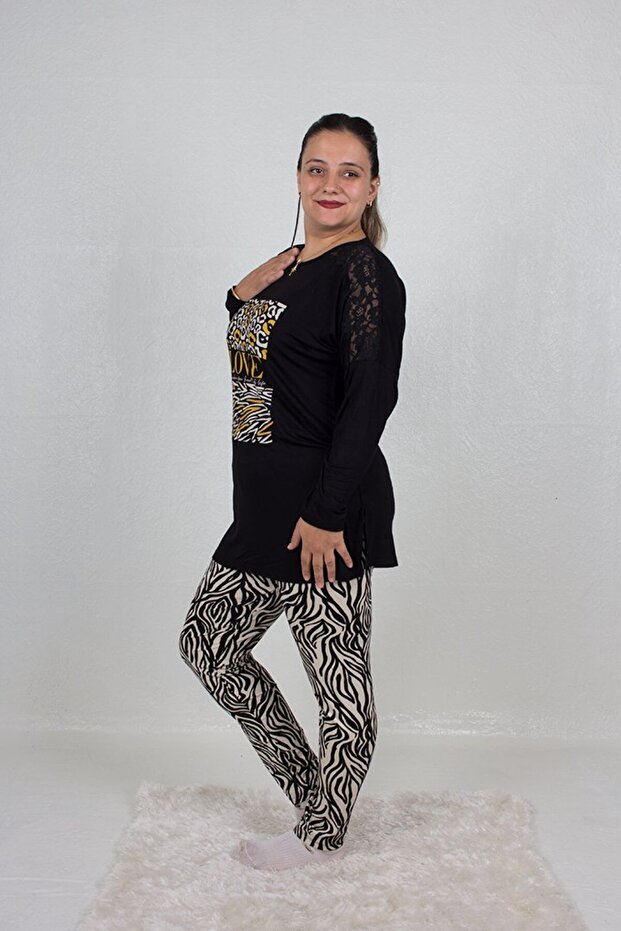 Plus Size Shoulder Detail Bottom Zebra Pattern Pajamas Set - 3