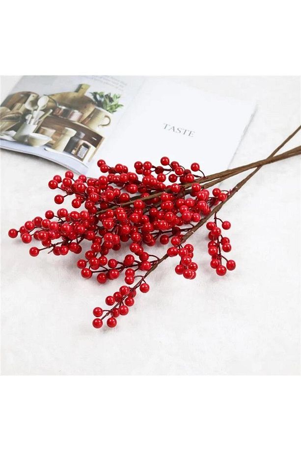 3 Adet Yapay Çiçek Kokina Uzun Dal 63cm Yılbaşı Çiçeği Red Berry - 3