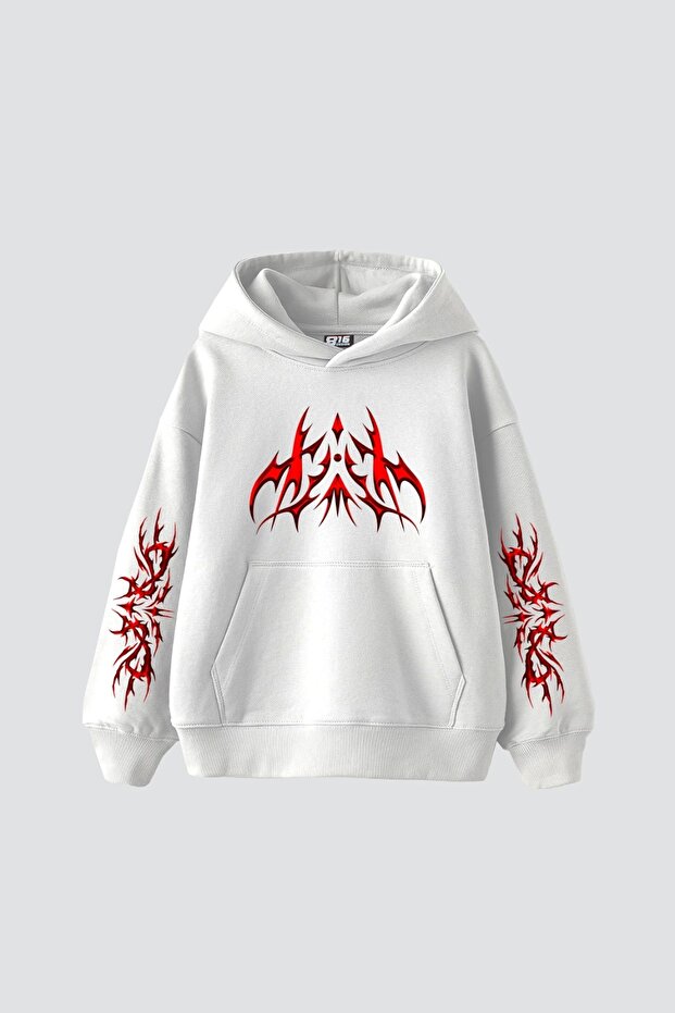 Holographic Red Printed Oversize Unisex Premium White Hoodie