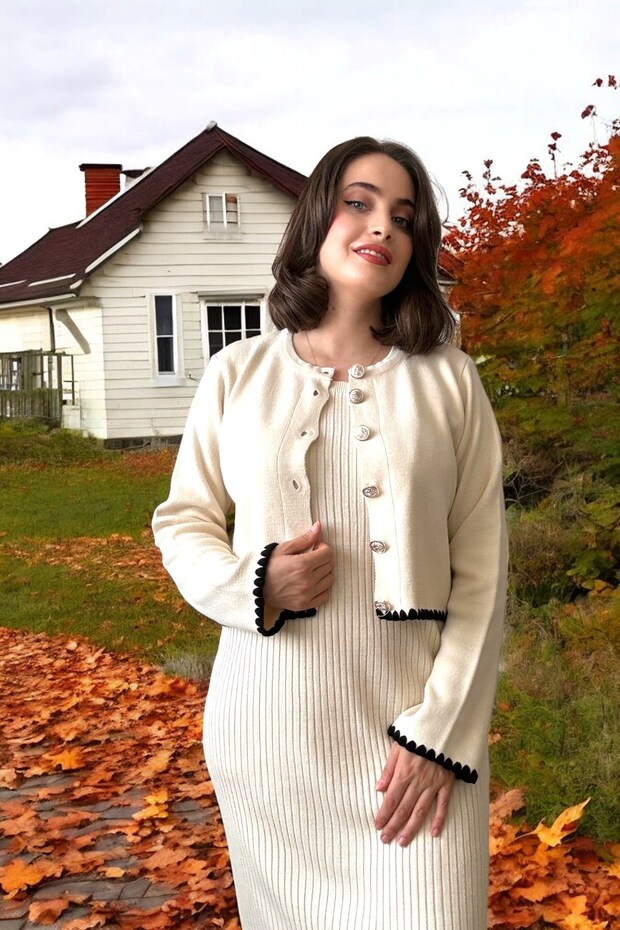 E0077 Ceketli Elbiseli Triko Takım - Krem - 8