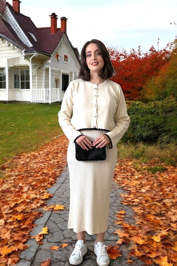 E0077 Ceketli Elbiseli Triko Takım - Krem - 6